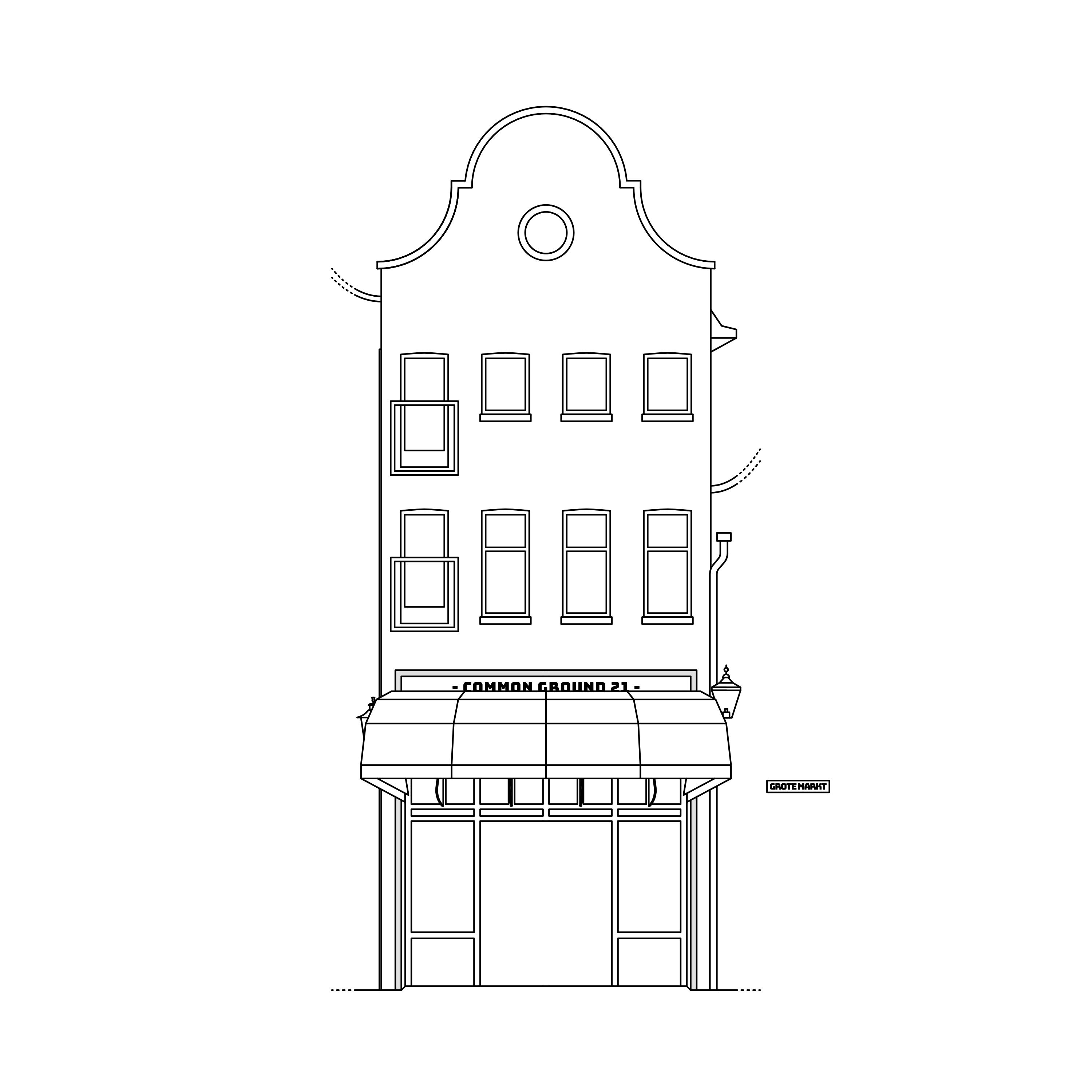 Line drawing of the Common Ground 21 facade with awning