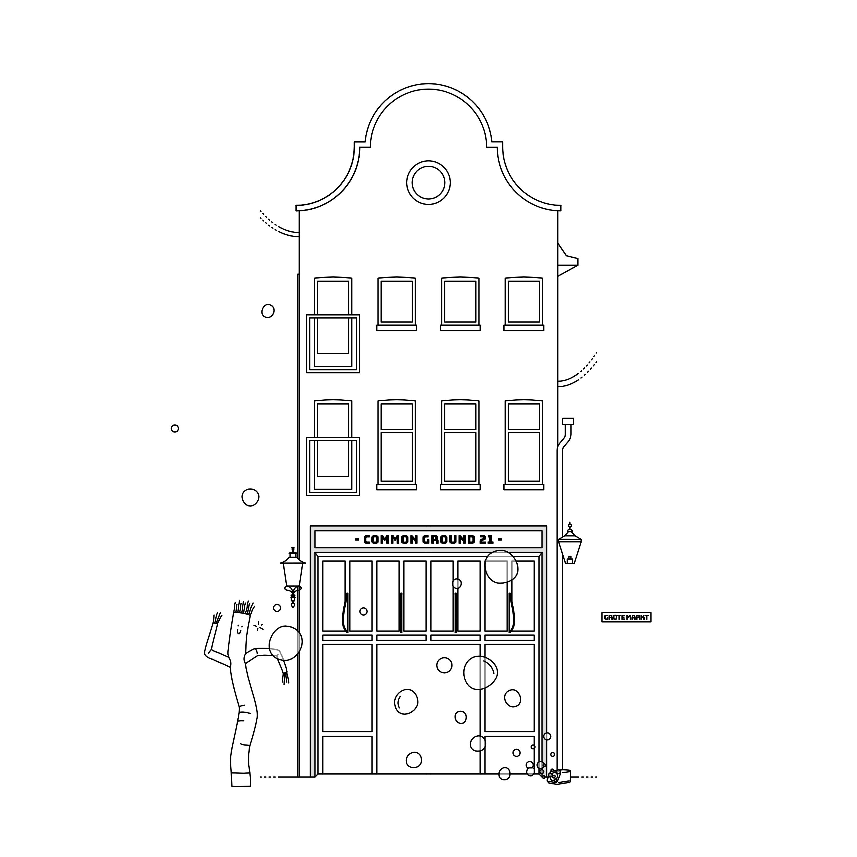 Line drawing of the Common Ground 21 facade with signage
